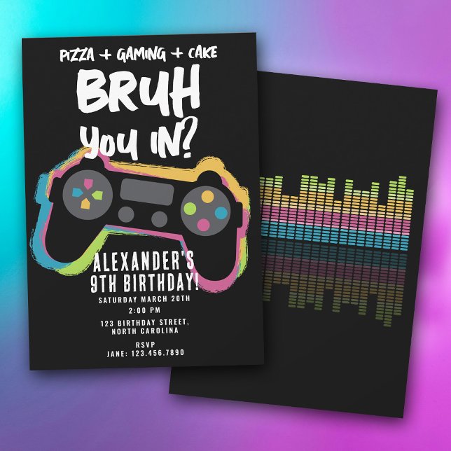 Invitación Cumpleaños de Bruh Boy Neon Gaming Adolescente Jug (Bruh Boy's Birthday Neon Gaming Teen Gamer Invitation)