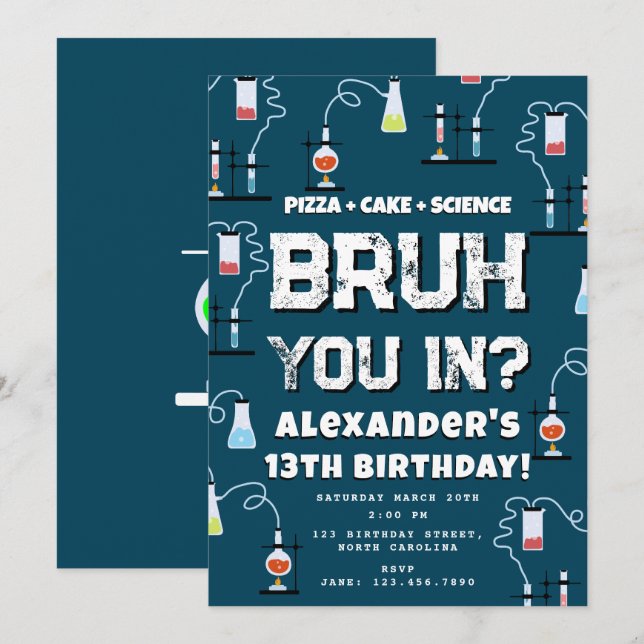 Invitación Cumpleaños de Bruh Boy Tema de Ciencia para Adoles (Anverso / Reverso)