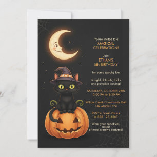 Invitación Cumpleaños de Bruja Gata y Calabaza Adorable