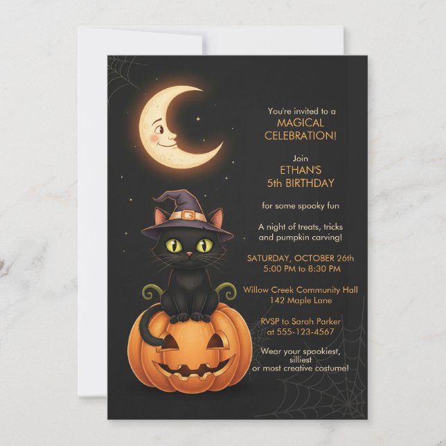 Invitación Cumpleaños de Bruja Gatito y Calabaza (Anverso)