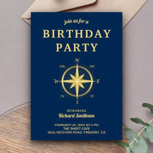 Invitación Cumpleaños de brújula náutica azul y dorada elegan