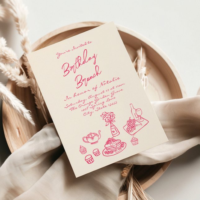Invitación Cumpleaños de Brunch Quirky Rosa con Escritura A M (Subido por el creador)