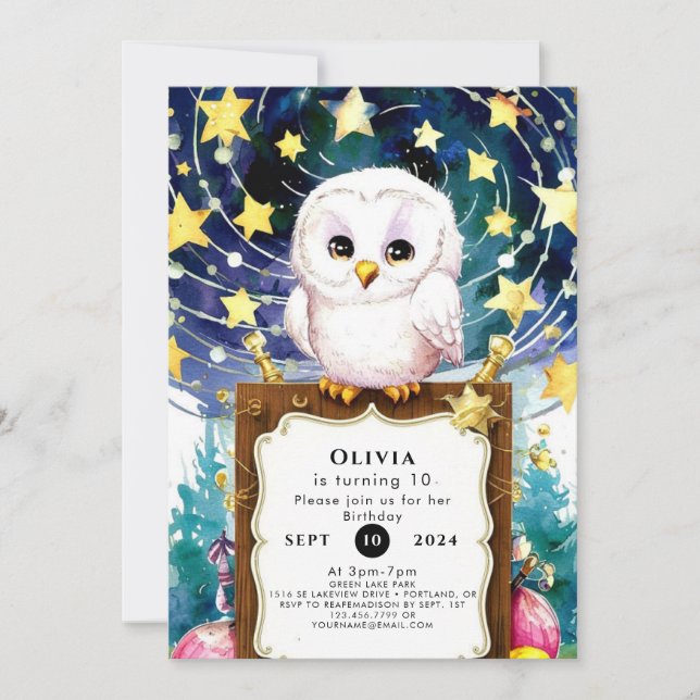 Invitación Cumpleaños de búho infantil mágico (Anverso)
