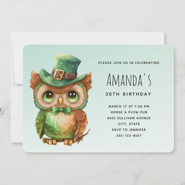 Invitación Cumpleaños de búho lindo en sombrero verde (Anverso)