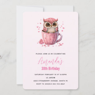 Invitación Cumpleaños de búho rosa lindo en una taza