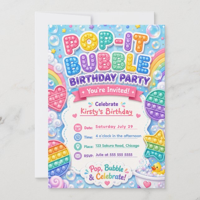 Invitación Cumpleaños de Burbuja Pop It (Anverso)
