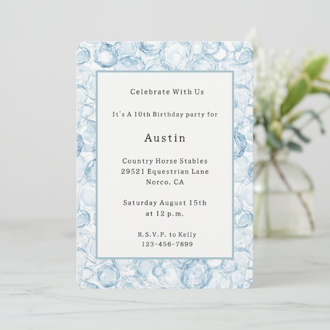 Invitación Cumpleaños de Burbujas Azules (Anverso de pie)