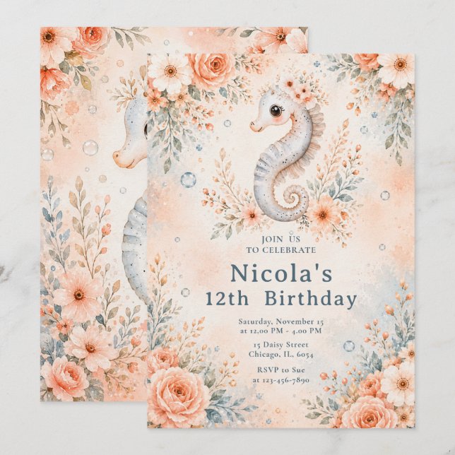 Invitación Cumpleaños de Caballito de Mar Floral (Anverso / Reverso)