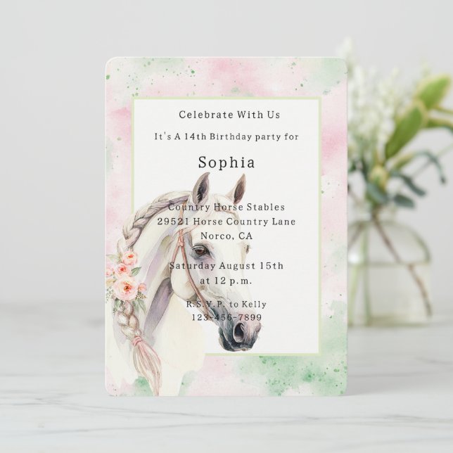 Invitación Cumpleaños de caballo blanco floral menta rosa   (Anverso de pie)