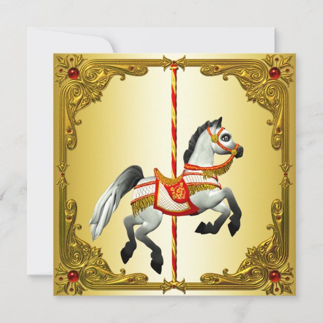 Invitación Cumpleaños de Caballo de Carusel de Rojo y Dorado (Anverso)