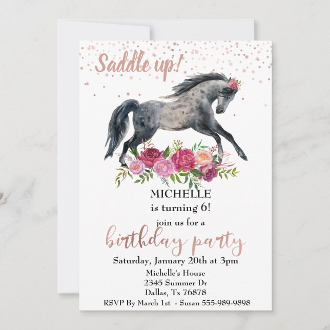 Invitación Cumpleaños de caballo de montar rosa (Anverso)