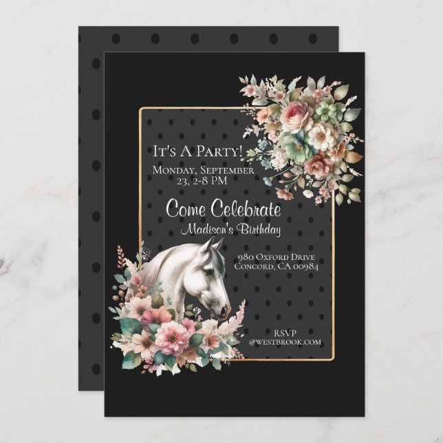 Invitación Cumpleaños de caballo elegante (Anverso / Reverso)