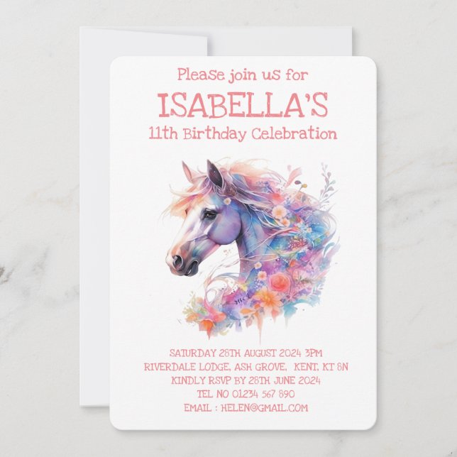 Invitación Cumpleaños de Caballo Floral (Anverso)