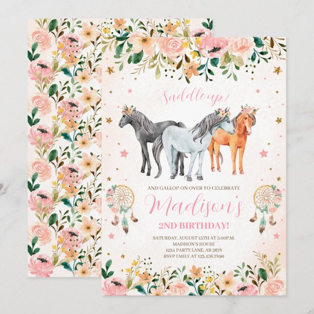 Invitación Cumpleaños de Caballo Floral (Anverso / Reverso)