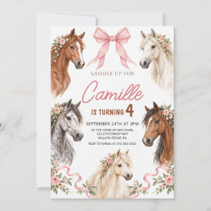 Invitación Cumpleaños de caballo floral con lazo rosa