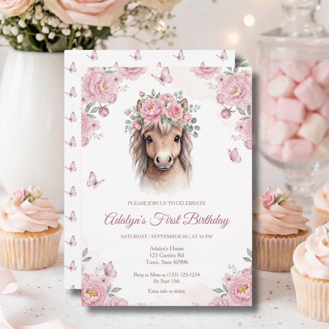 Invitación Cumpleaños de Caballo Floral Rosa Lindo (Subido por el creador)