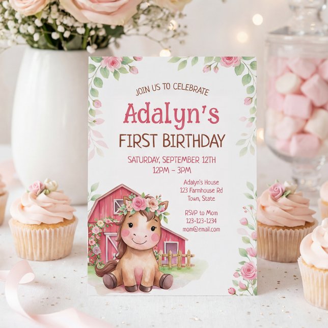 Invitación Cumpleaños de caballo floral rosa lindo (Subido por el creador)