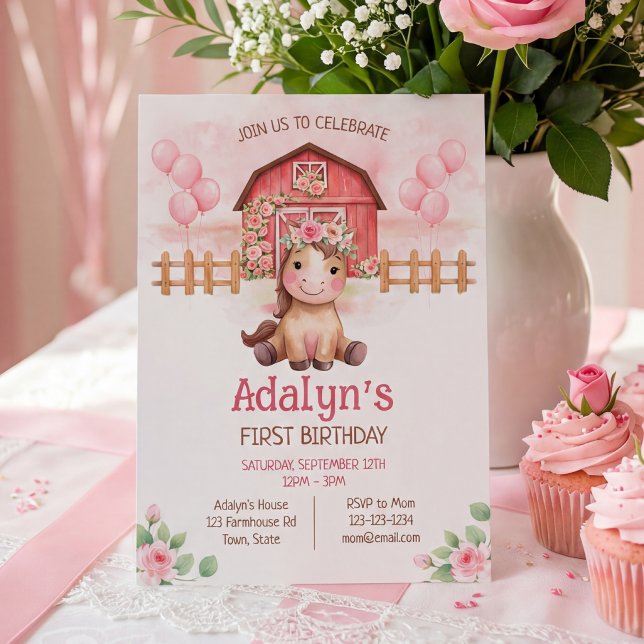 Invitación Cumpleaños de caballo floral rosa lindo (Subido por el creador)