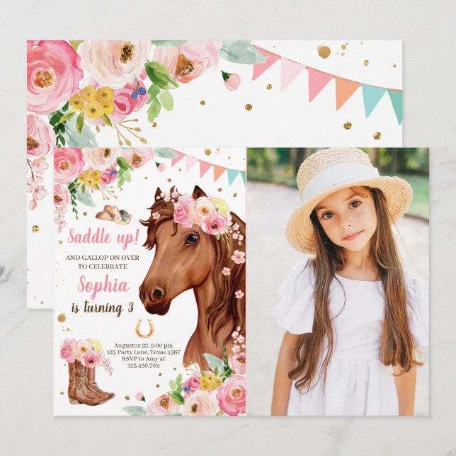 Invitación Cumpleaños de Caballo Invita a Chica Cowgirl Flora (Anverso / Reverso)