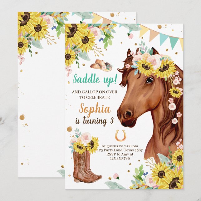 Invitación Cumpleaños de Caballo Invita a Chica Cowgirl Sunfl (Anverso / Reverso)