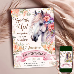 Invitación Cumpleaños de caballo niña 1er cumpleaños flores r