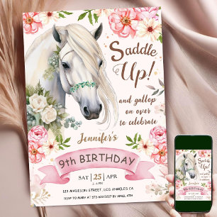 Invitación Cumpleaños de caballo niña 9 años flores rosas mon