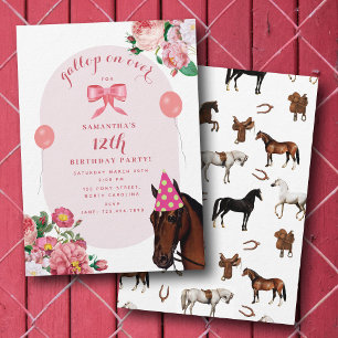Invitación Cumpleaños de Caballo Tema Floral Rosa Niña Vaquer