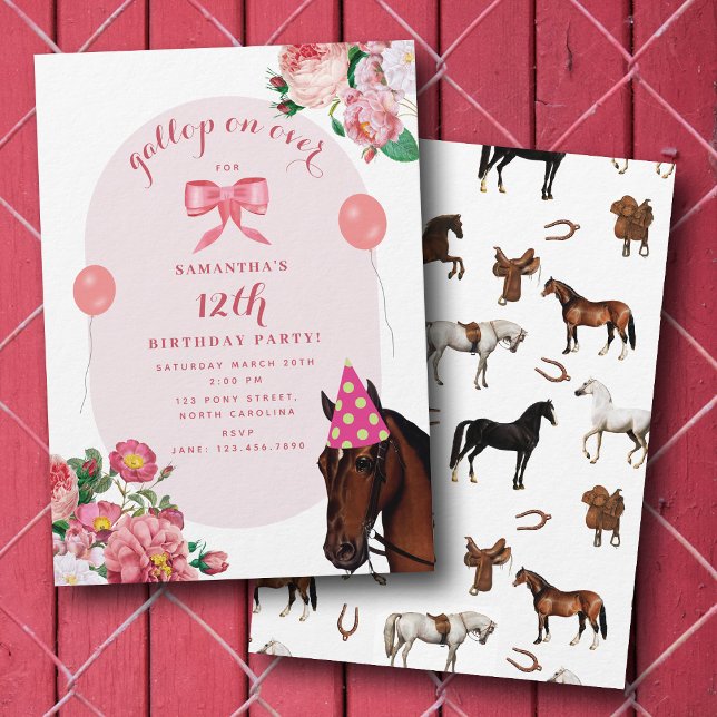 Invitación Cumpleaños de Caballo Tema Floral Rosa Niña Vaquer (Horse Birthday Theme Pink Floral Girl Cowgirl Invitation)