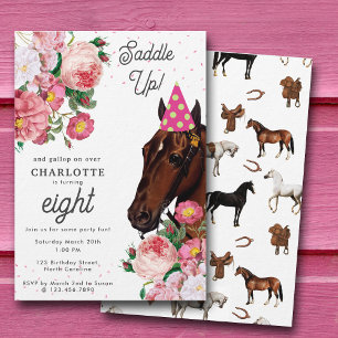 Invitación Cumpleaños de caballo tema floral rosa niña vaquer