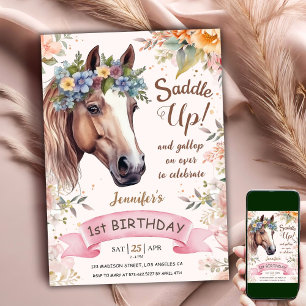 Invitación Cumpleaños de caballo tema vaquera floral ¡Silla a