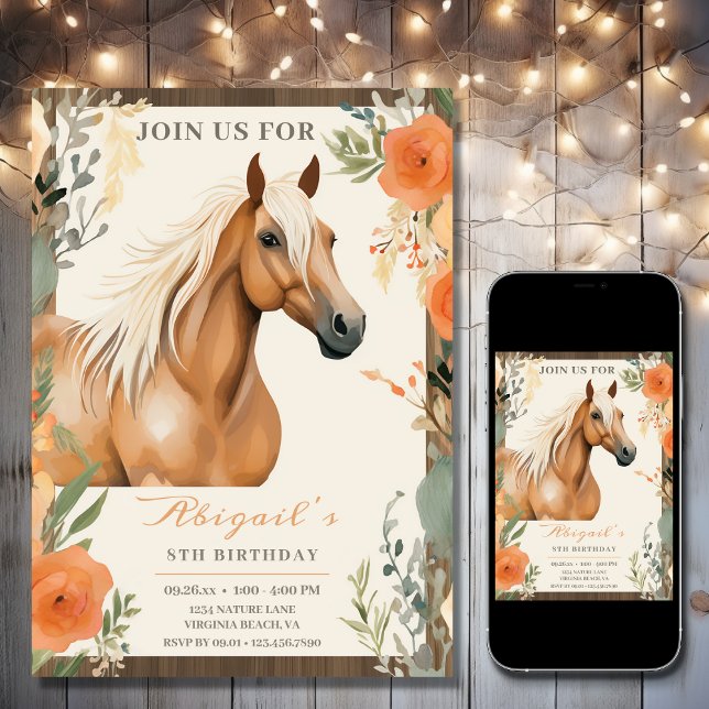 Invitación Cumpleaños de Caballos y Flores de bonito (Printed and Digital - Beautiful Horse and Autumn Flowers Fall Birthday Invitation)