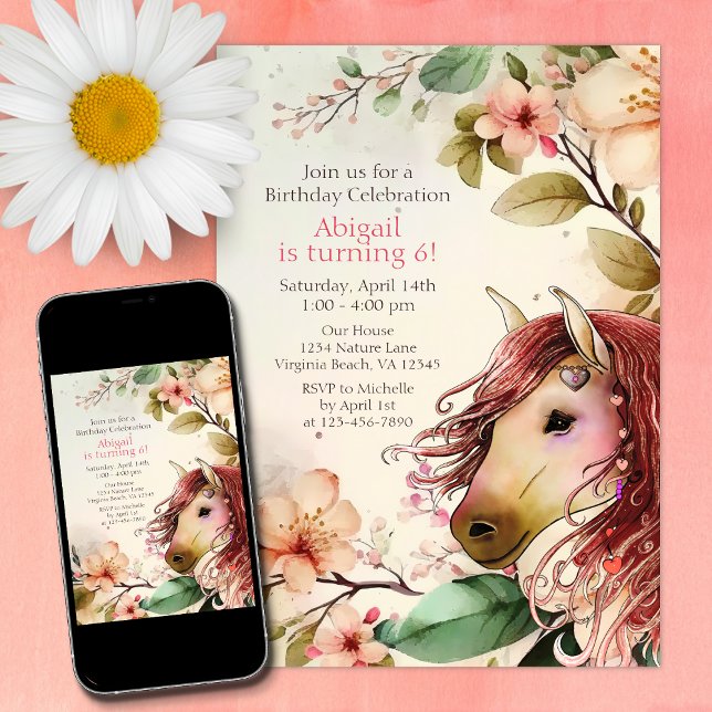 Invitación Cumpleaños de Caballos y Flores de bonito (Subido por el creador)