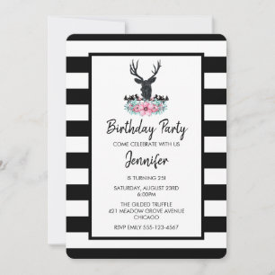 Invitación Cumpleaños de cabeza de ciervo negro con ramo de f
