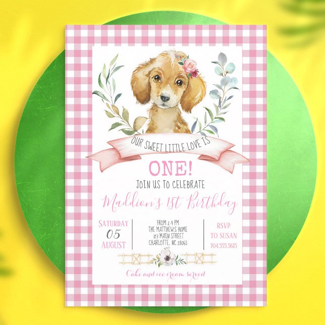 Invitación Cumpleaños de cachorro con gingham rosa (Subido por el creador)