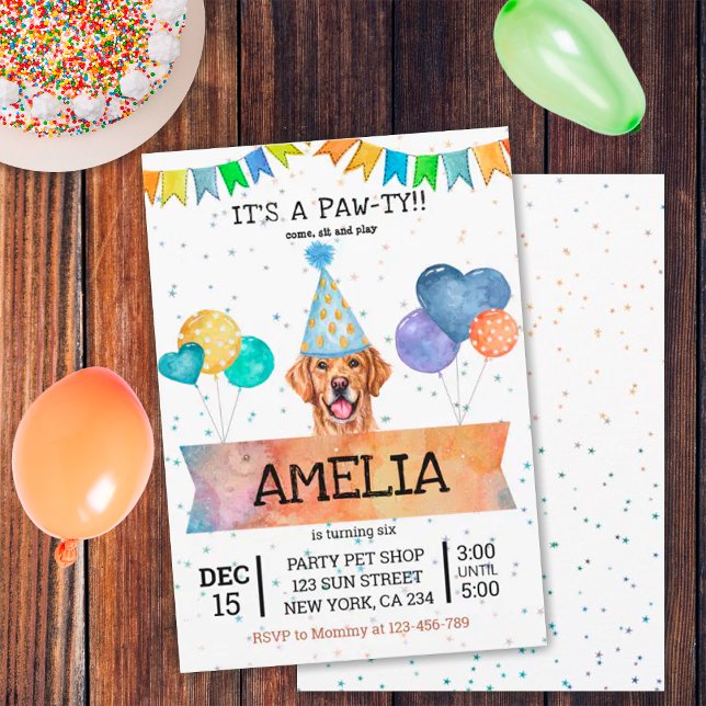 Invitación Cumpleaños de cachorro de perro Golden Retriever (Front and Back)