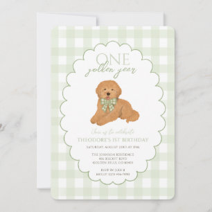 Invitación Cumpleaños de cachorro de un año con gingham verde