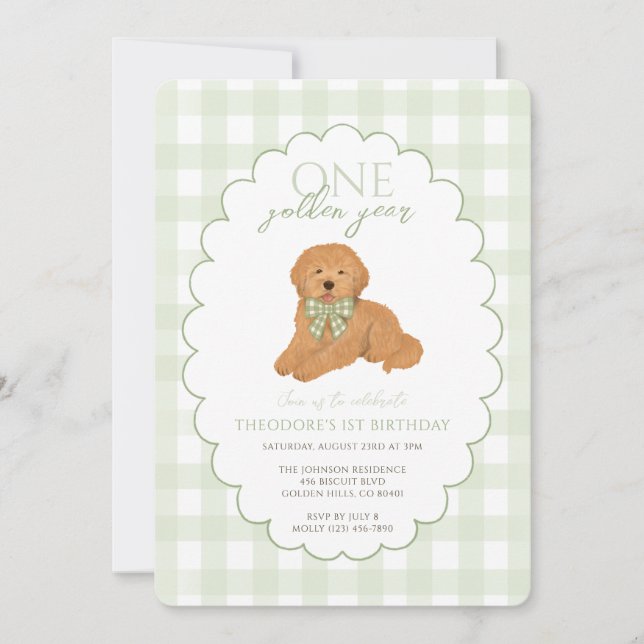 Invitación Cumpleaños de cachorro de un año con gingham verde (Anverso)