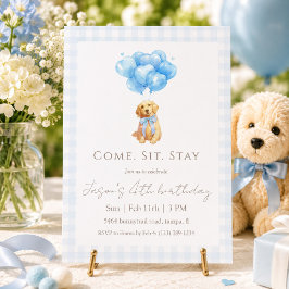 Invitación Cumpleaños de cachorro Retriever con gingham azul