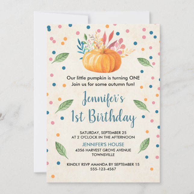Invitación Cumpleaños de Calabaza con Acuarela Naranja (Anverso)