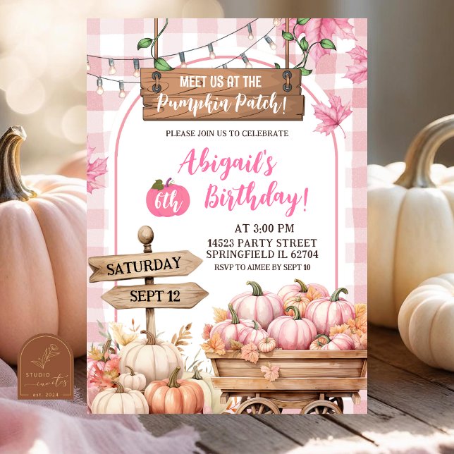 Invitación cumpleaños de calabaza de cuadros rosados (Subido por el creador)