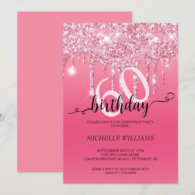 Invitación Cumpleaños de caligrafía de Purpurina rosado plate (Anverso / Reverso)