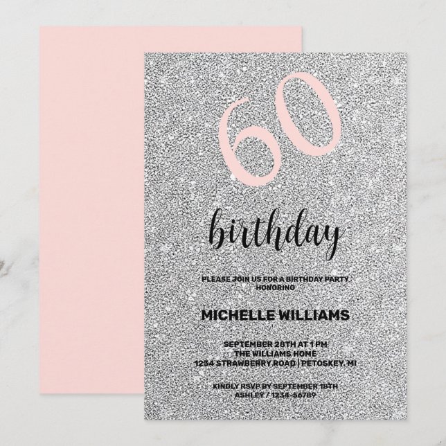 Invitación Cumpleaños de caligrafía Rubor para Purpurina negr (Anverso / Reverso)