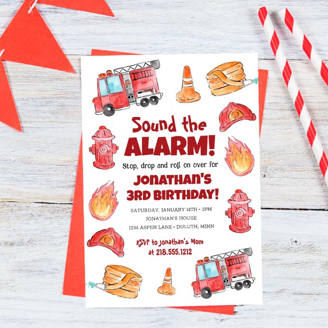 Invitación Cumpleaños de Camión de Bomberos Dibujado a Mano A (Cute Hand Drawn Fire Truck Birthday Invitation)