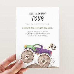 Invitación Cumpleaños de Camión Monstruo Morado y Verde a Cua