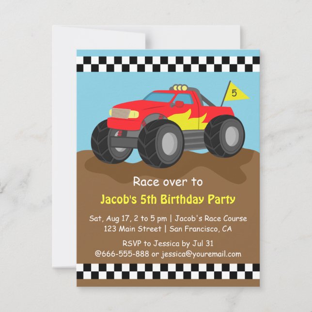 Invitación Cumpleaños de Camión Monstruo Rojo Fuego (Anverso)