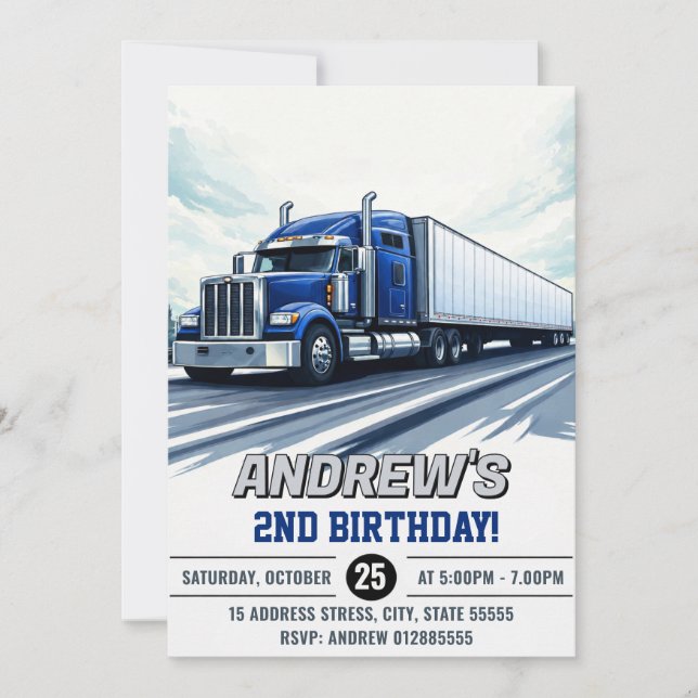 Invitación Cumpleaños de Camión Semirremolque Personalizado (Anverso)