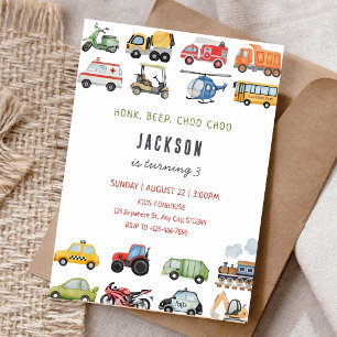Invitación Cumpleaños de Camiones Coches Choo Choo Pitido Boc