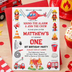 Invitación Cumpleaños de Camiones de Bomberos Niño 1er Cumple