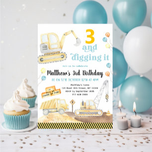 Invitación Cumpleaños de Camiones de Construcción Digging It