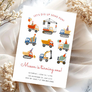 Invitación Cumpleaños de Camiones de Construcción Excavadora 